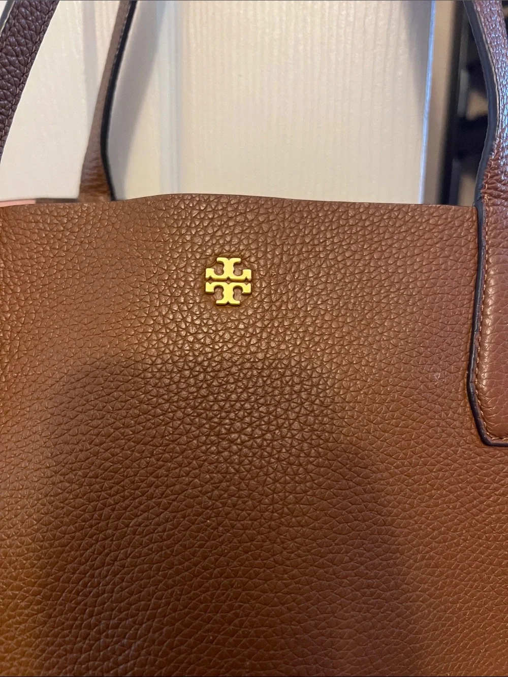 Tory Burch Chestnut Pebbled Leather Tote with Gold Logo